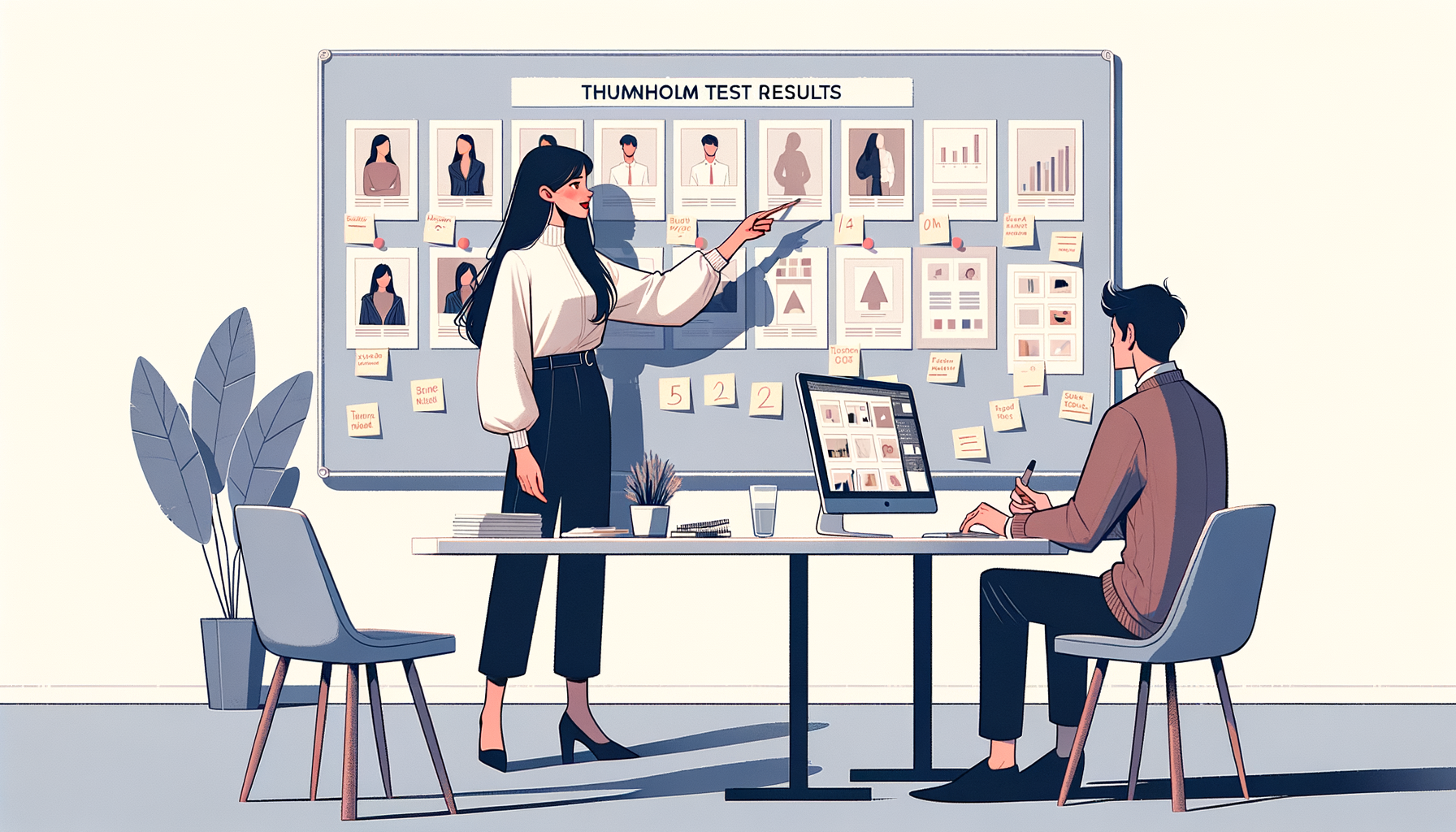 화이트보드 앞에서 썸네일 테스트를 설명하는 마케터 일러스트