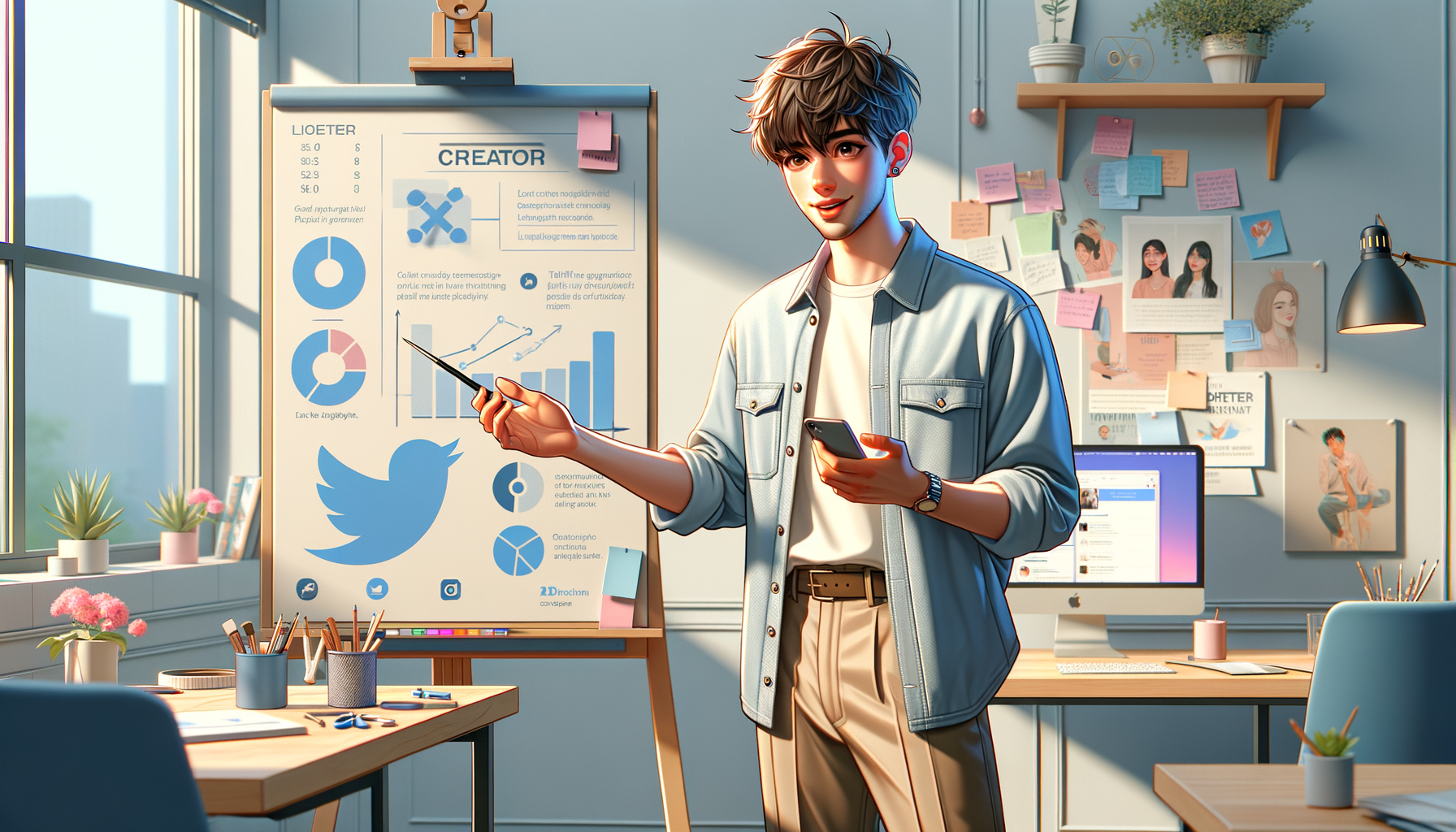 화이트보드 앞에서 트위터 전략을 설명하는 20대 남성 크리에이터 일러스트