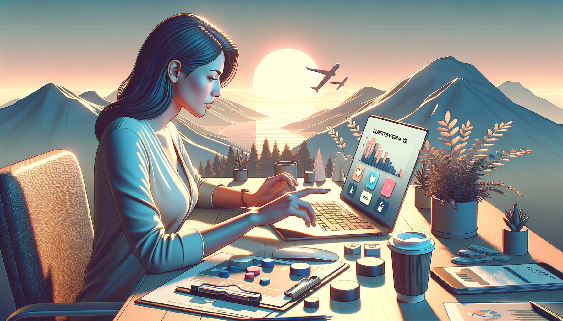 30대 여성 소셜 마케터가 저장과 공유 버튼을 가리키며 성과를 분석하는 장면