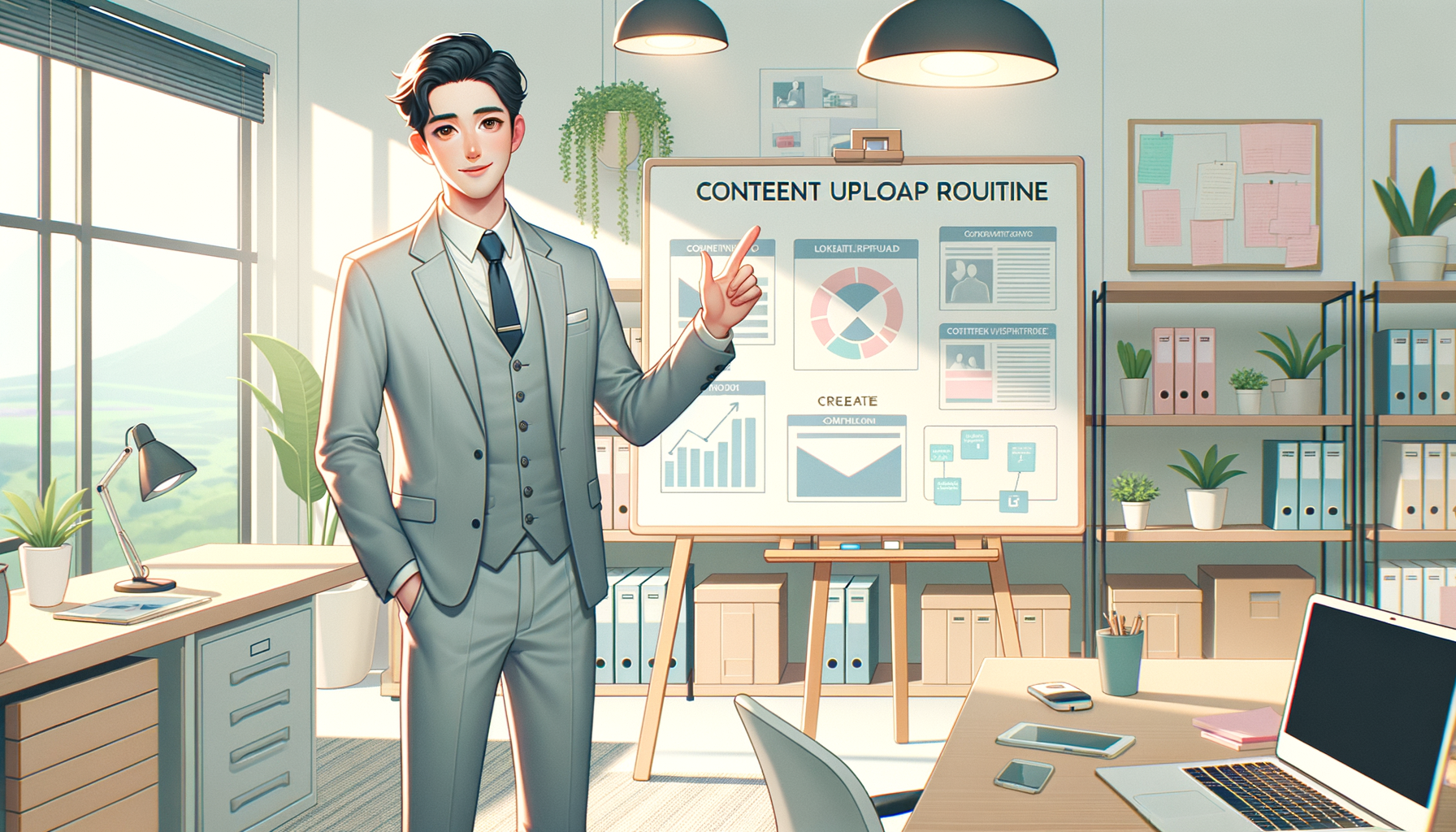 화이트보드 앞에서 릴스 업로드 루틴을 설명하는 20대 남성 크리에이터