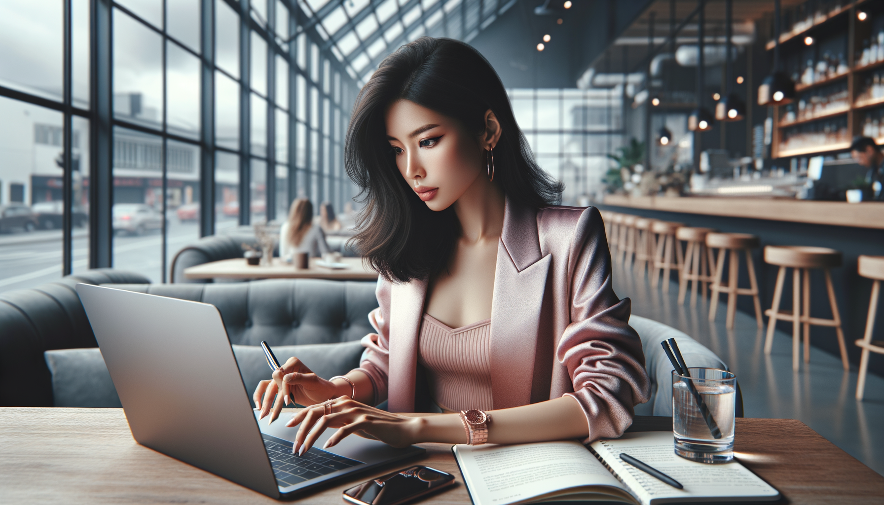 카페 창가 테이블에서 영상 기획 문서를 작성하는 유튜버 일러스트