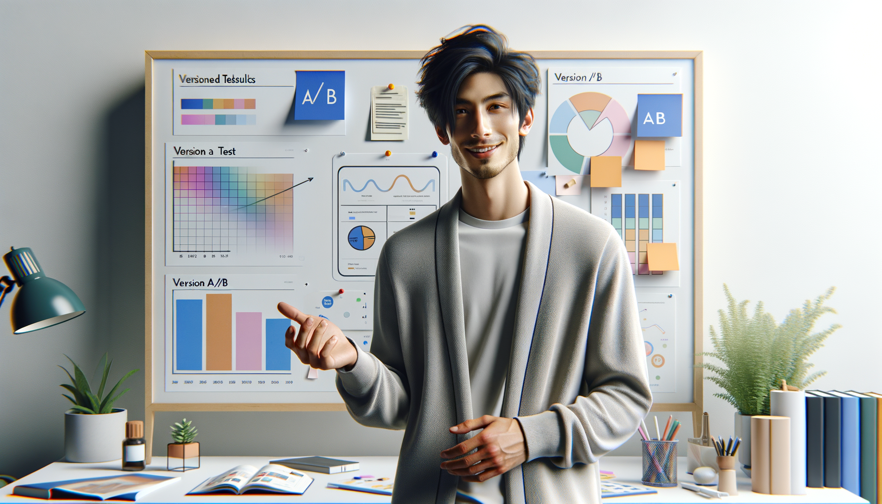 화이트보드 앞에서 A/B테스트 결과를 설명하는 크리에이터