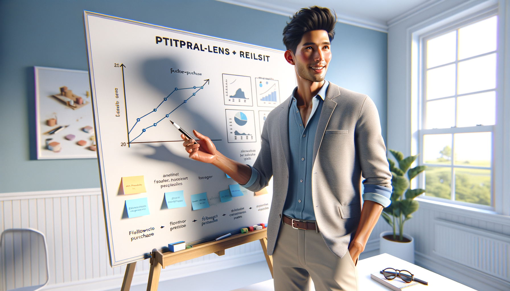 화이트보드 앞에서 팔로워 리스크를 설명하는 마케터 일러스트