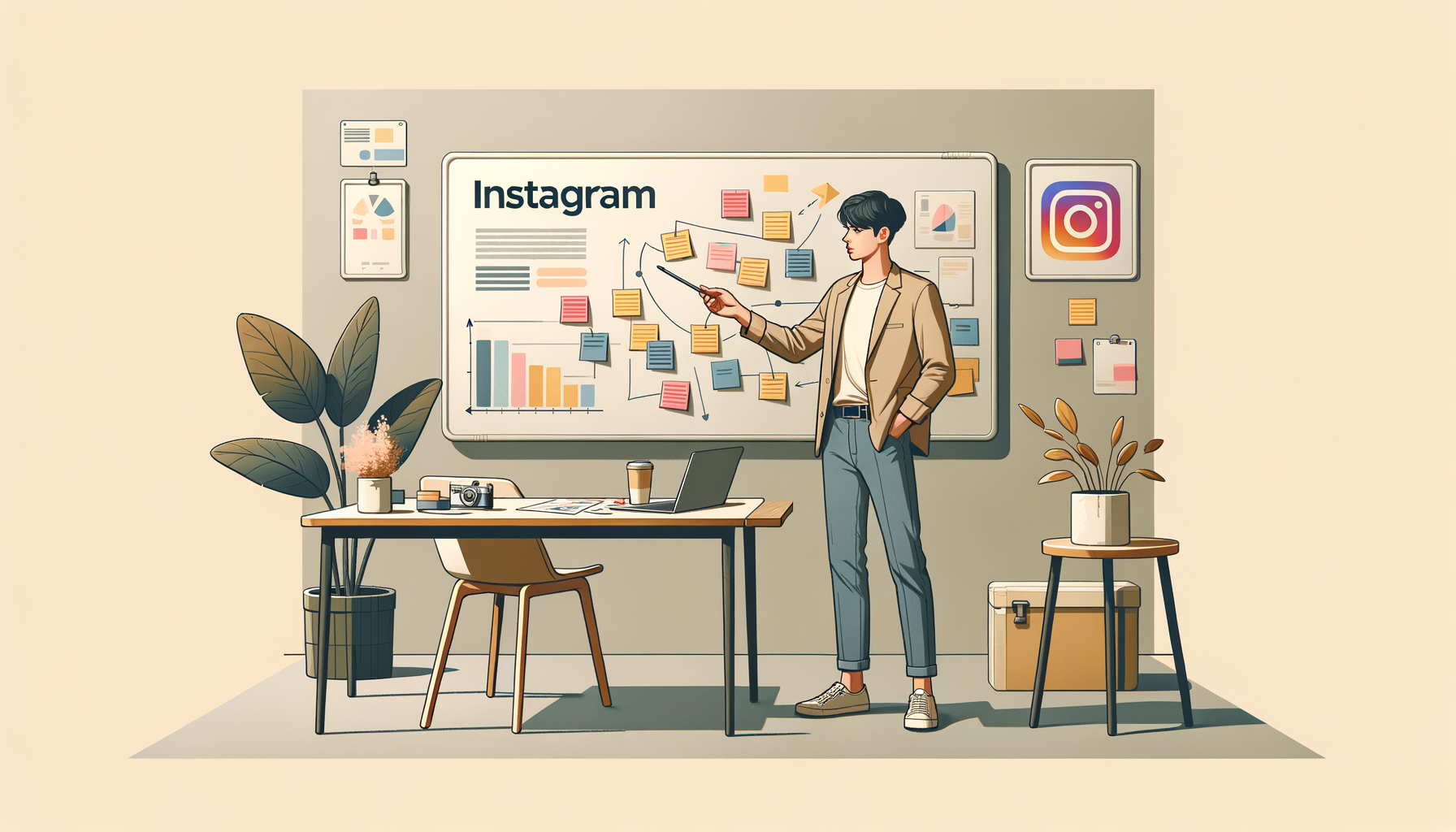 화이트보드 앞에서 인스타그램 캠페인 전략을 설명하는 크리에이터 일러스트
