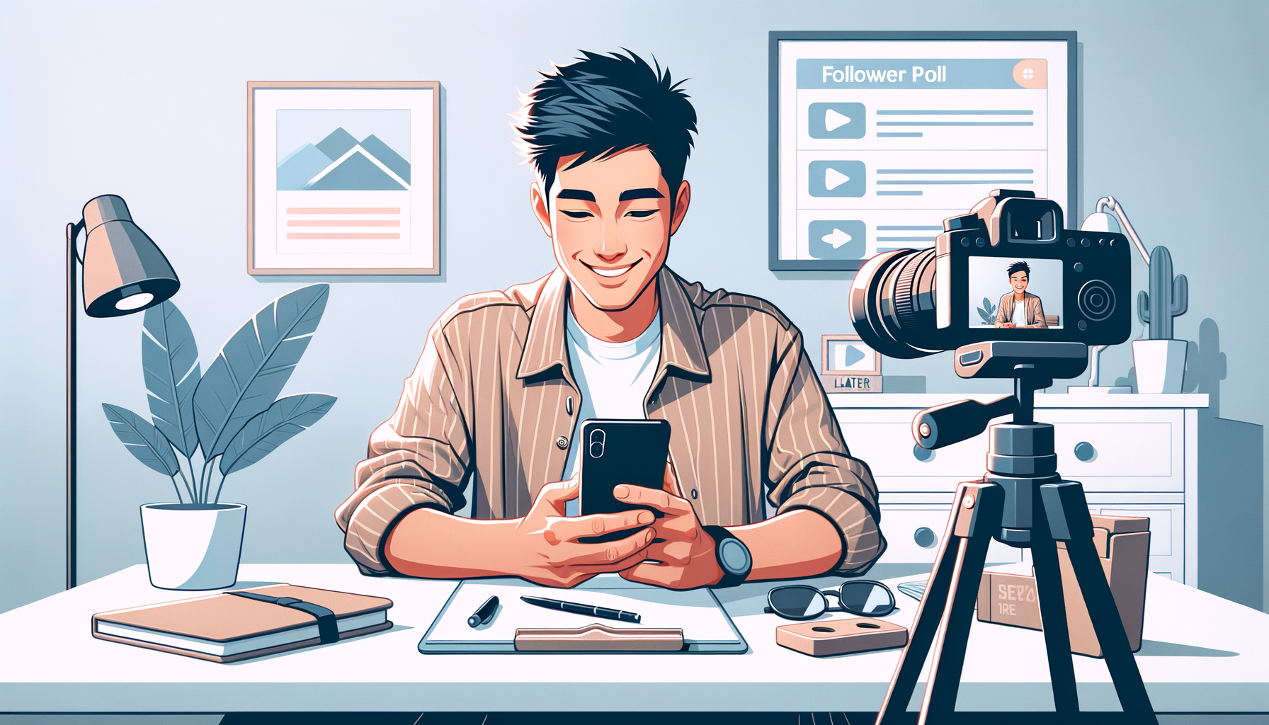 스마트폰으로 팔로워 투표 결과를 확인하며 미소 짓는 20대 남성 크리에이터