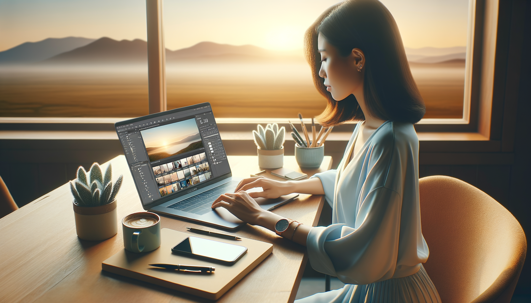 카페에서 채널 아트와 썸네일을 디자인하는 30대 여성 마케터