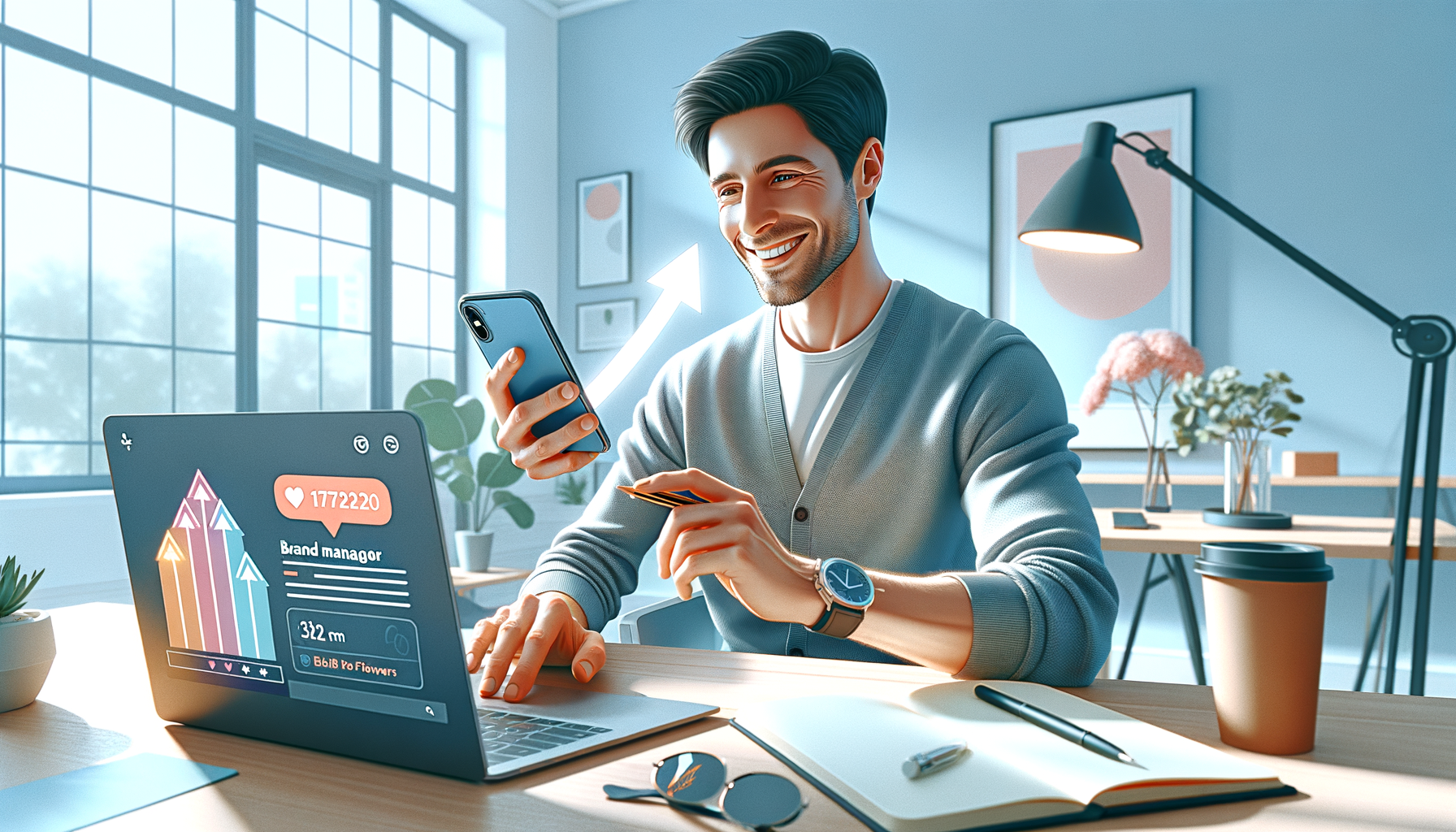 30대 여성 브랜드 매니저가 노트북에서 팔로워 증가 알림을 확인하는 장면