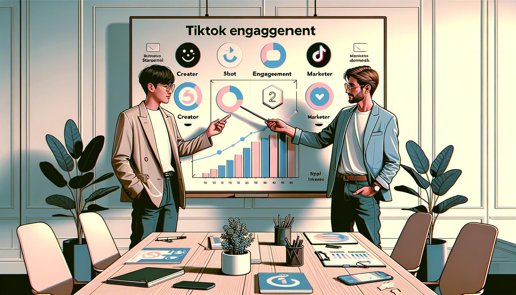 화이트보드 앞에서 틱톡 연동 전략을 설명하는 팀 일러스트