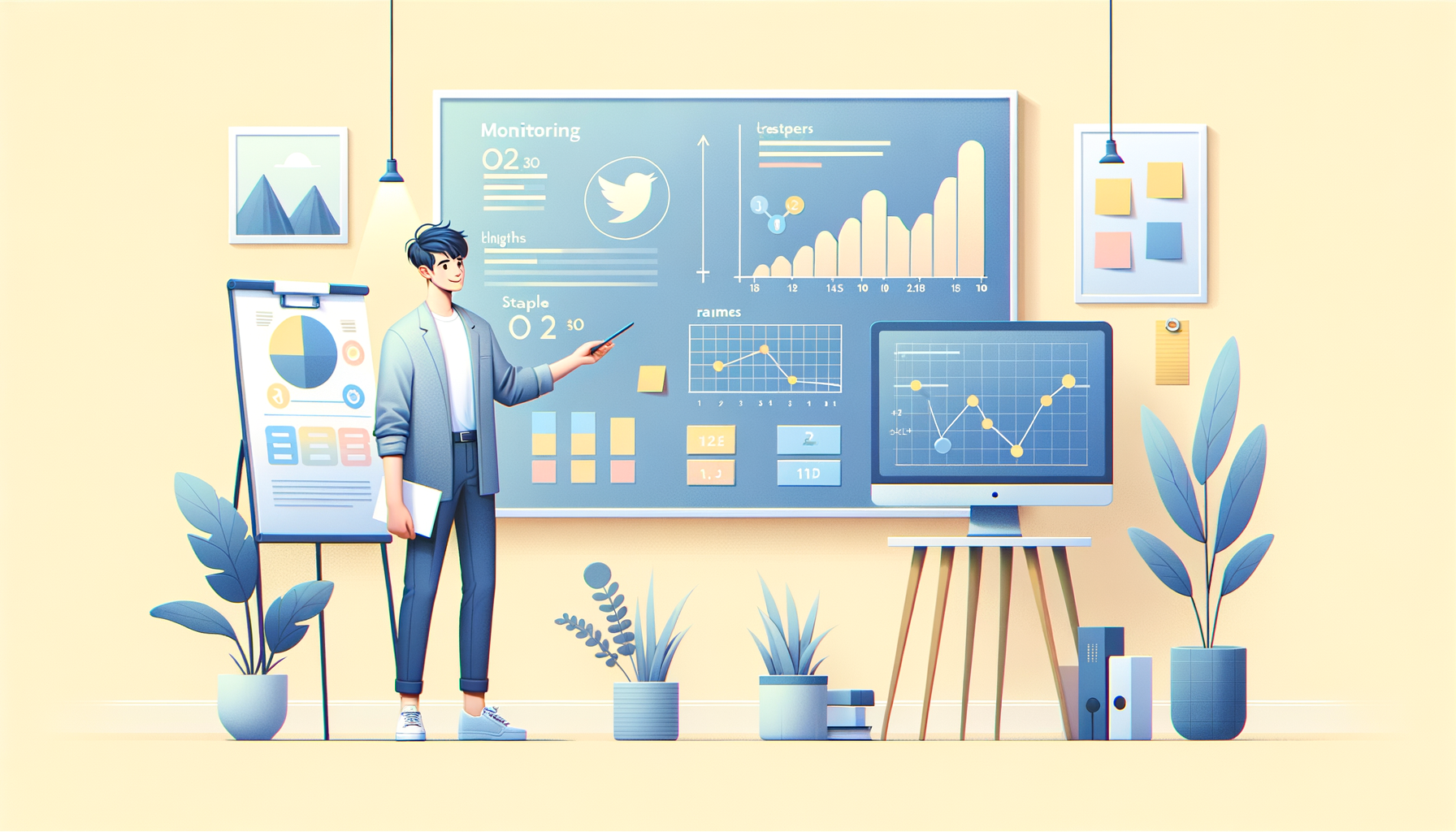 화이트보드 앞에서 모니터링 결과를 설명하는 크리에이터 일러스트