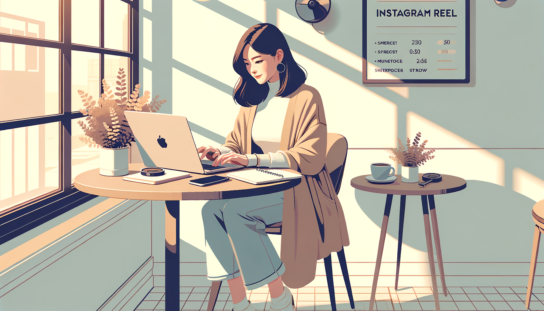 카페에서 노트북으로 인스타그램 릴스 초안과 캡션을 작성하는 마케터 일러스트