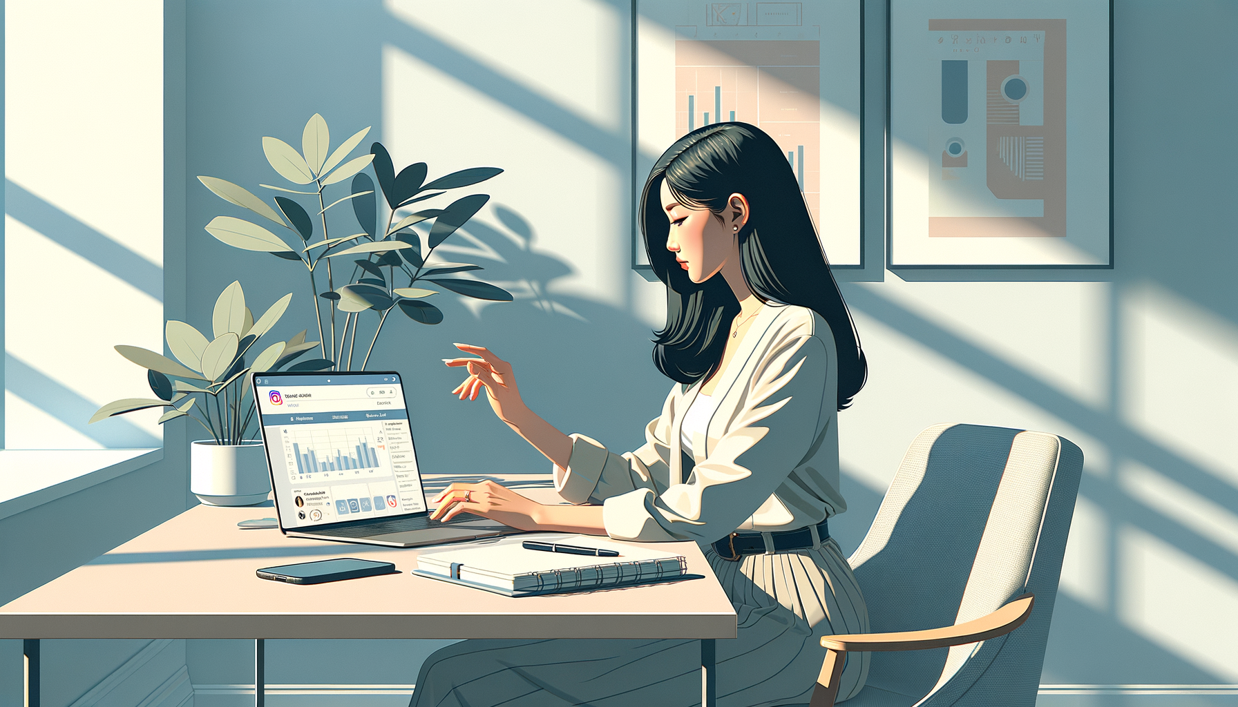 30대 여성 마케터가 노트북 앞에서 인스타그램 프로필을 분석하는 장면