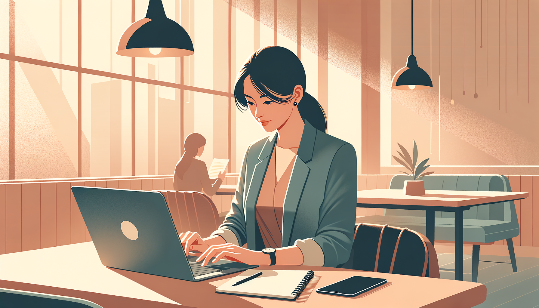 카페 테이블에 앉아 노트북으로 유튜브 제목을 작성하는 30대 여성 마케터