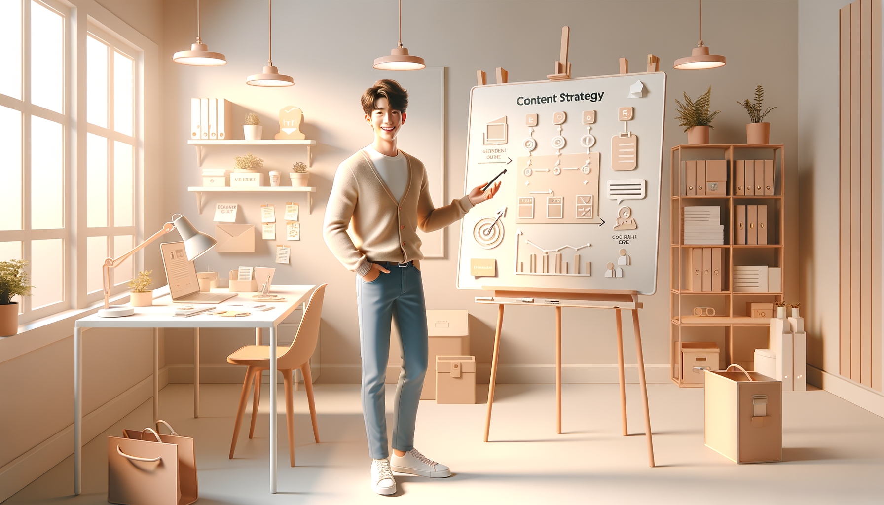 화이트보드 앞에서 릴스 콘텐츠 전략을 설명하는 20대 남성 크리에이터 장면