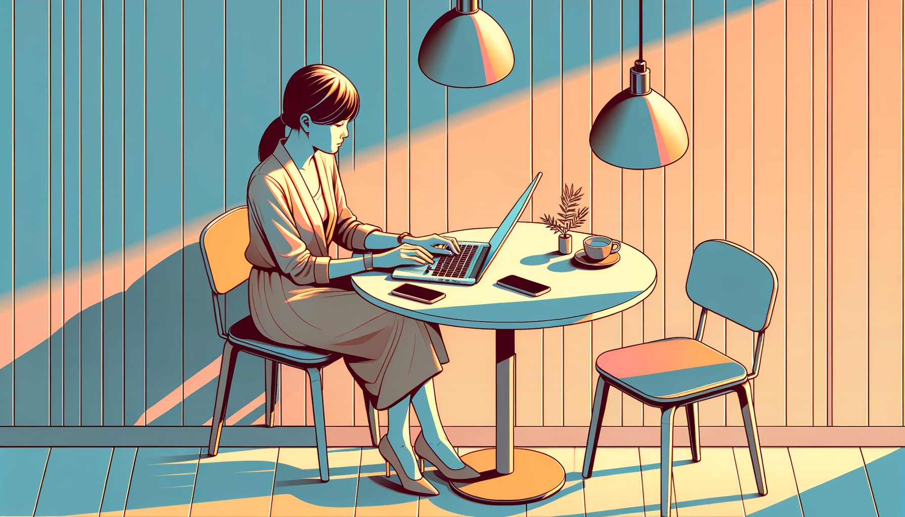 카페에서 노트북으로 트윗을 계획하는 30대 여성 소셜 마케터, 따뜻한 조명과 노트북, 스마트폰이 보이는 장면