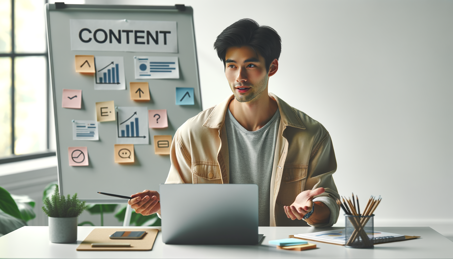 화이트보드 앞에서 콘텐츠 전략을 설명하는 크리에이터, 포스트잇과 차트, 밝은 오피스 풍경