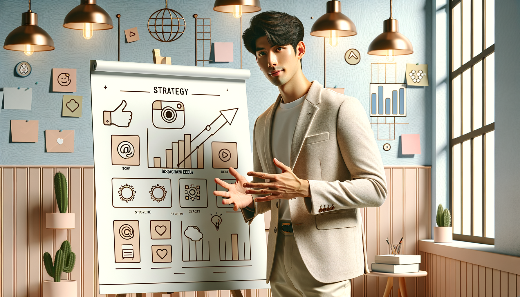 화이트보드 앞에서 릴스 전략을 설명하는 크리에이터 일러스트