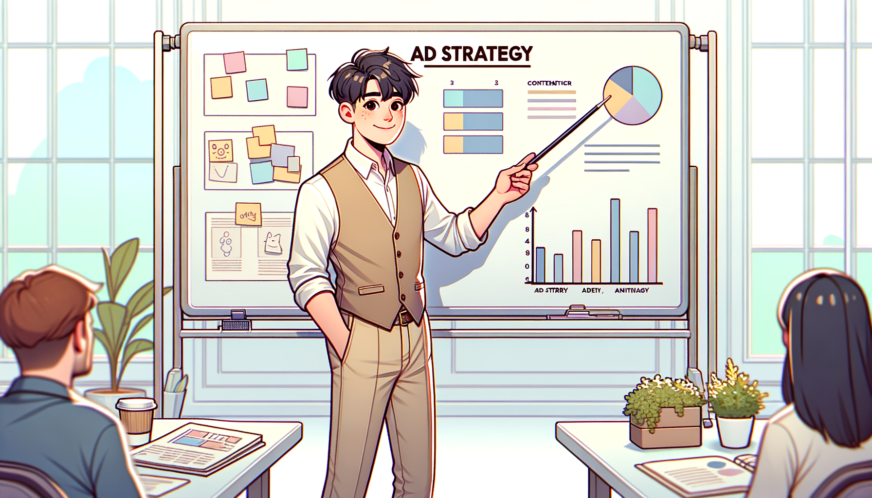 화이트보드 앞에서 콘텐츠 전략을 설명하는 크리에이터 일러스트