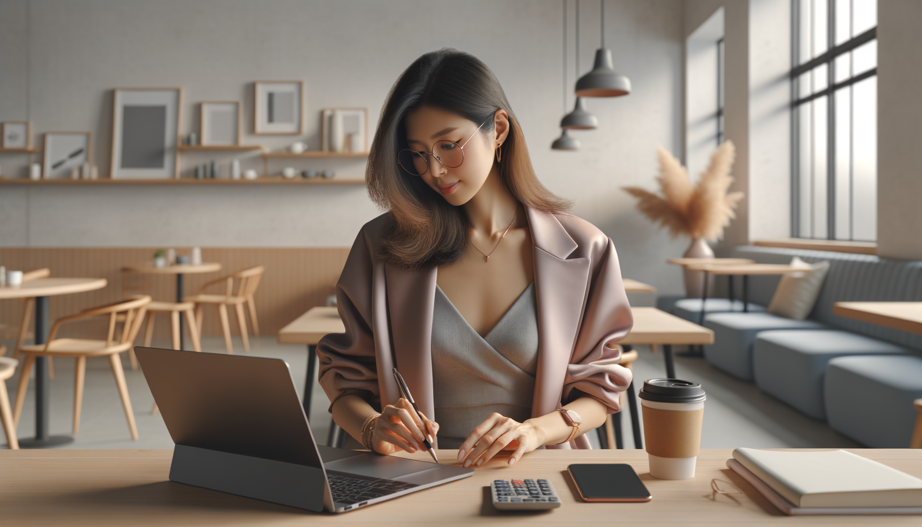 카페에서 쇼츠 스크립트 작성 중인 30대 여성 크리에이터 이미지