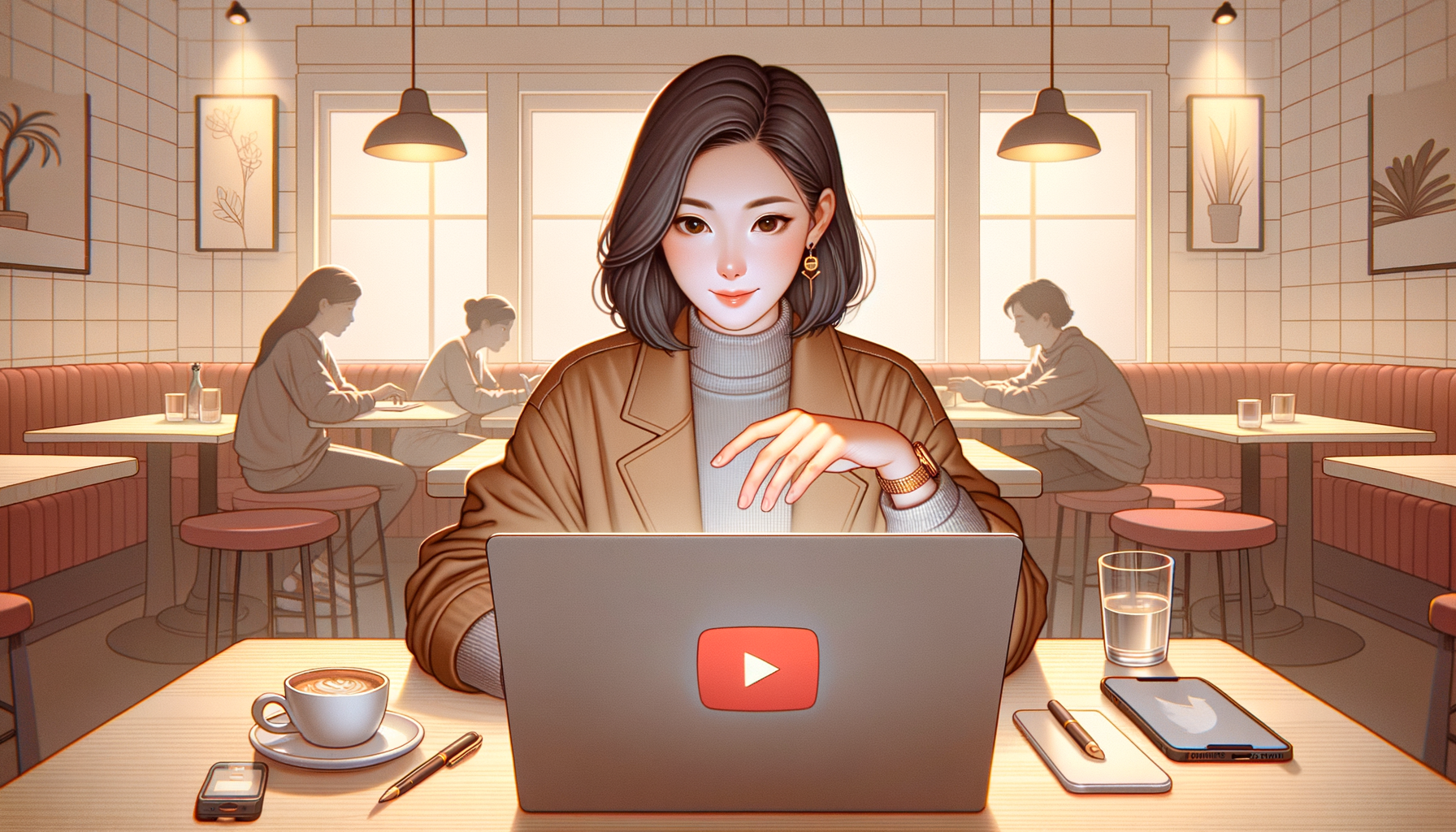 카페에서 노트북으로 애널리틱스 보는 30대 여성 크리에이터 일러스트