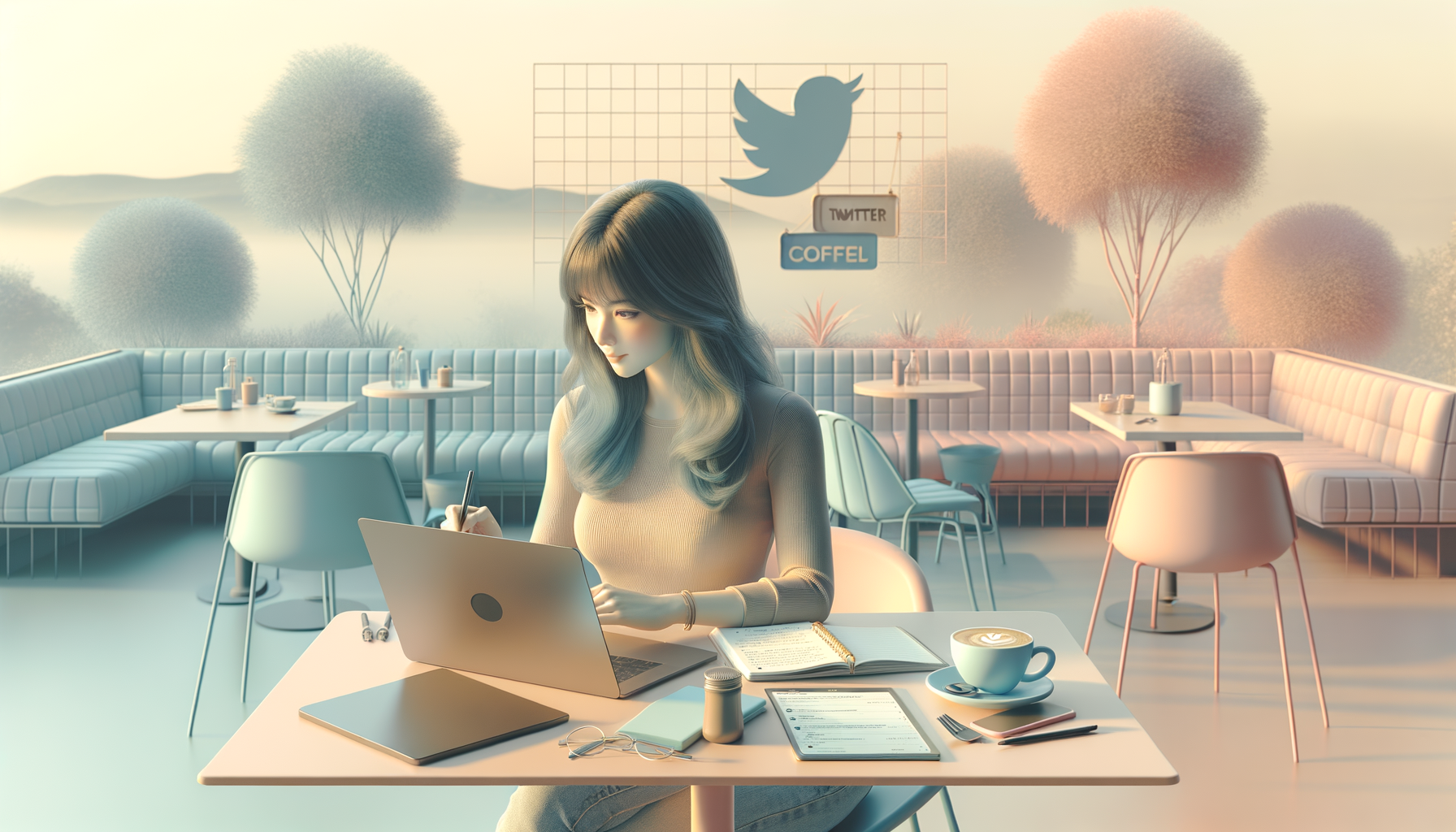 카페에서 트위터 콘텐츠 기획하는 30대 여성 일러스트