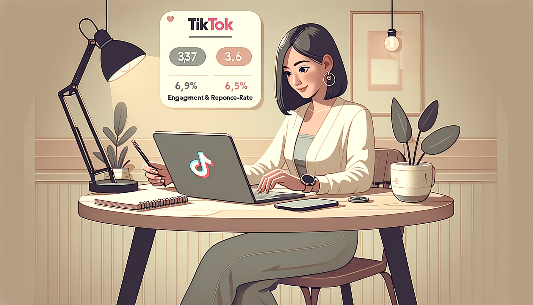 카페에서 틱톡 콘텐츠 반응률을 검토하는 마케터 일러스트
