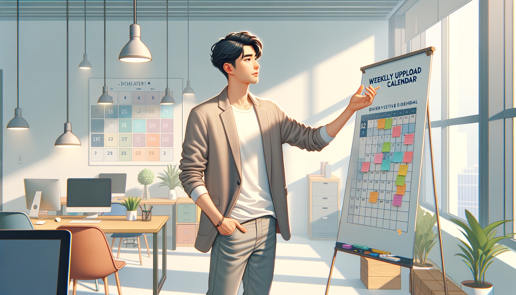 화이트보드 앞에서 주간 업로드 캘린더를 설명하는 크리에이터 일러스트