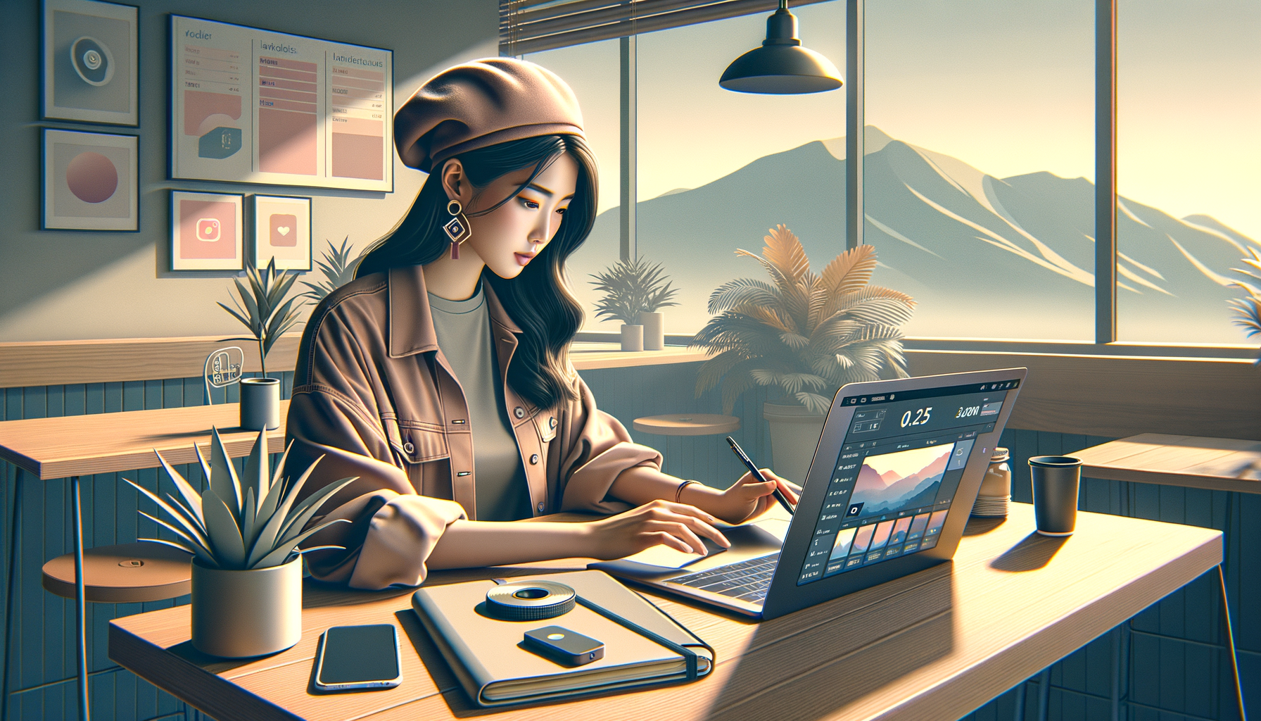 카페 테이블에서 노트북으로 릴스 초안을 편집하는 30대 여성 마케터 일러스트