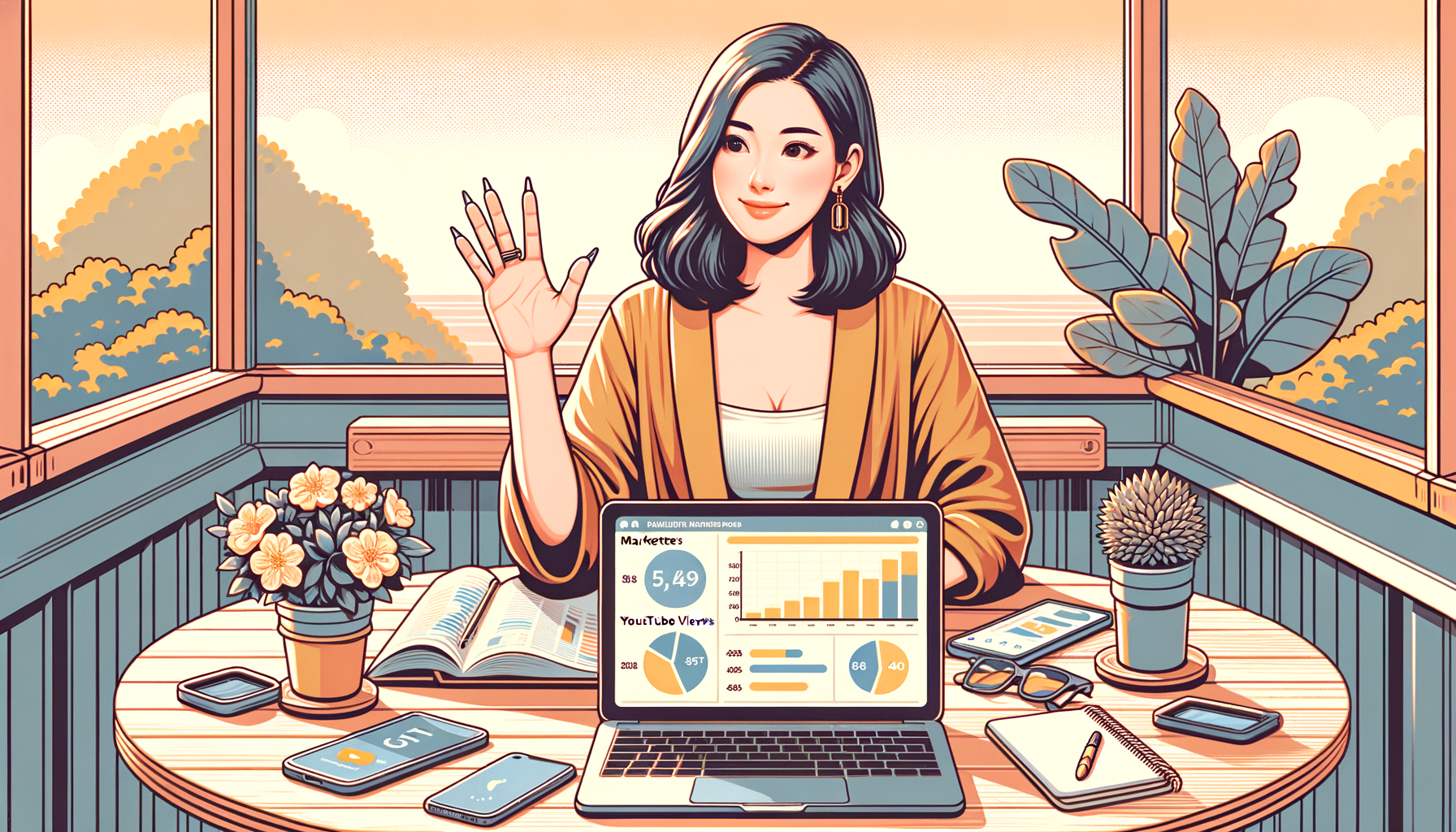 카페 테이블에서 노트북으로 서비스 비교표를 보는 30대 여성 마케터 일러스트