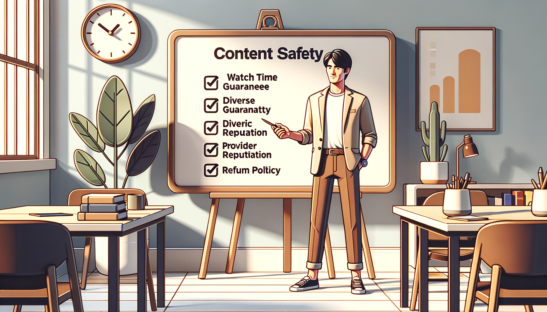 화이트보드 앞에서 콘텐츠 안전성 점검 체크리스트를 설명하는 30대 남성 콘텐츠 매니저 일러스트