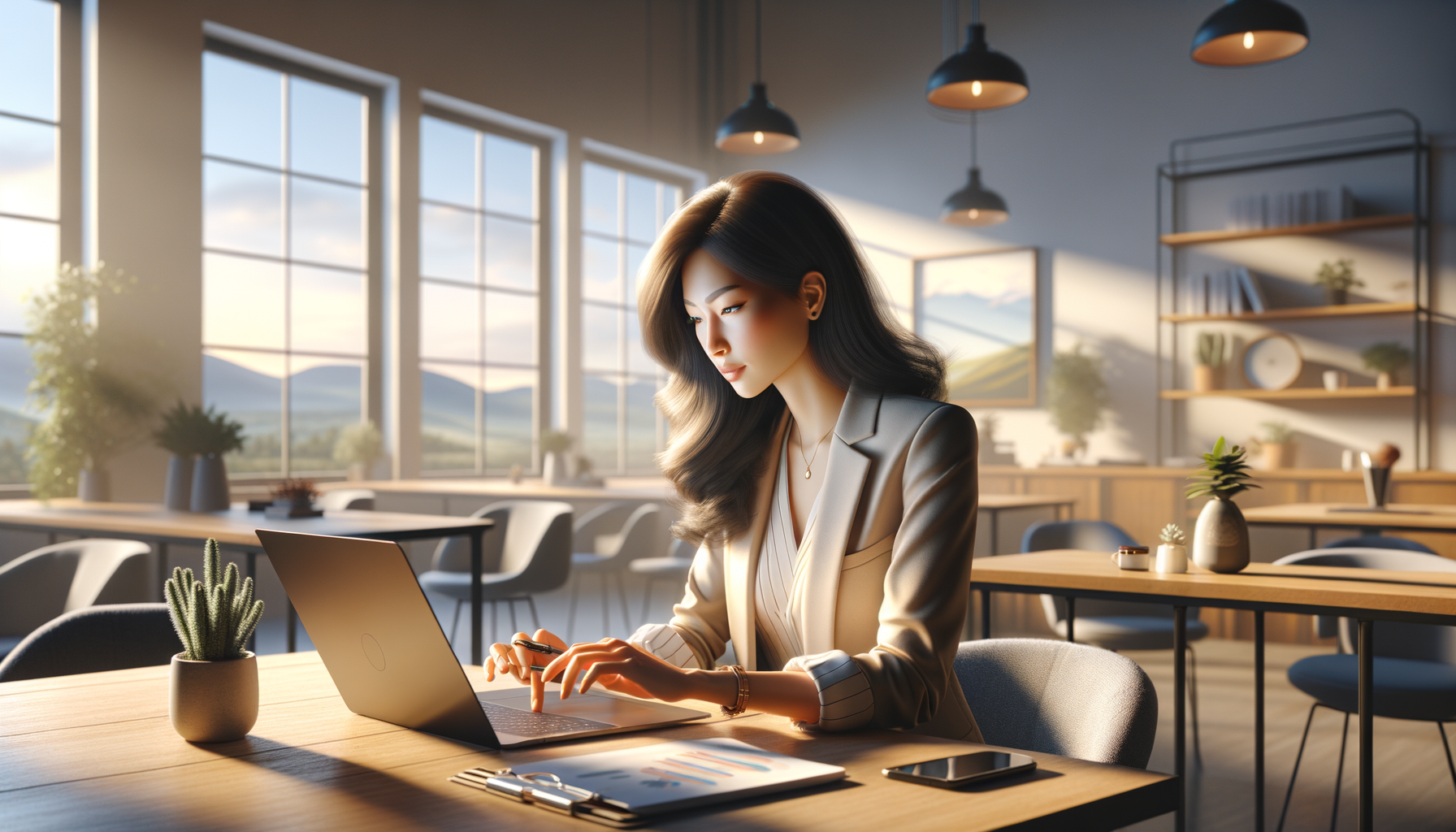 카페에서 콘텐츠 저장 버튼을 누르는 30대 여성 소셜 마케터 장면