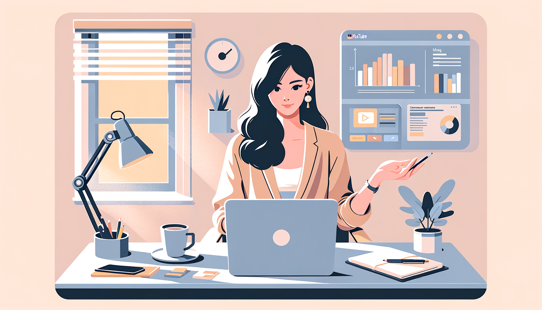 20대 여성 마케터가 노트북 앞에서 유튜브 스튜디오 분석 화면을 보며 전략을 세우는 장면