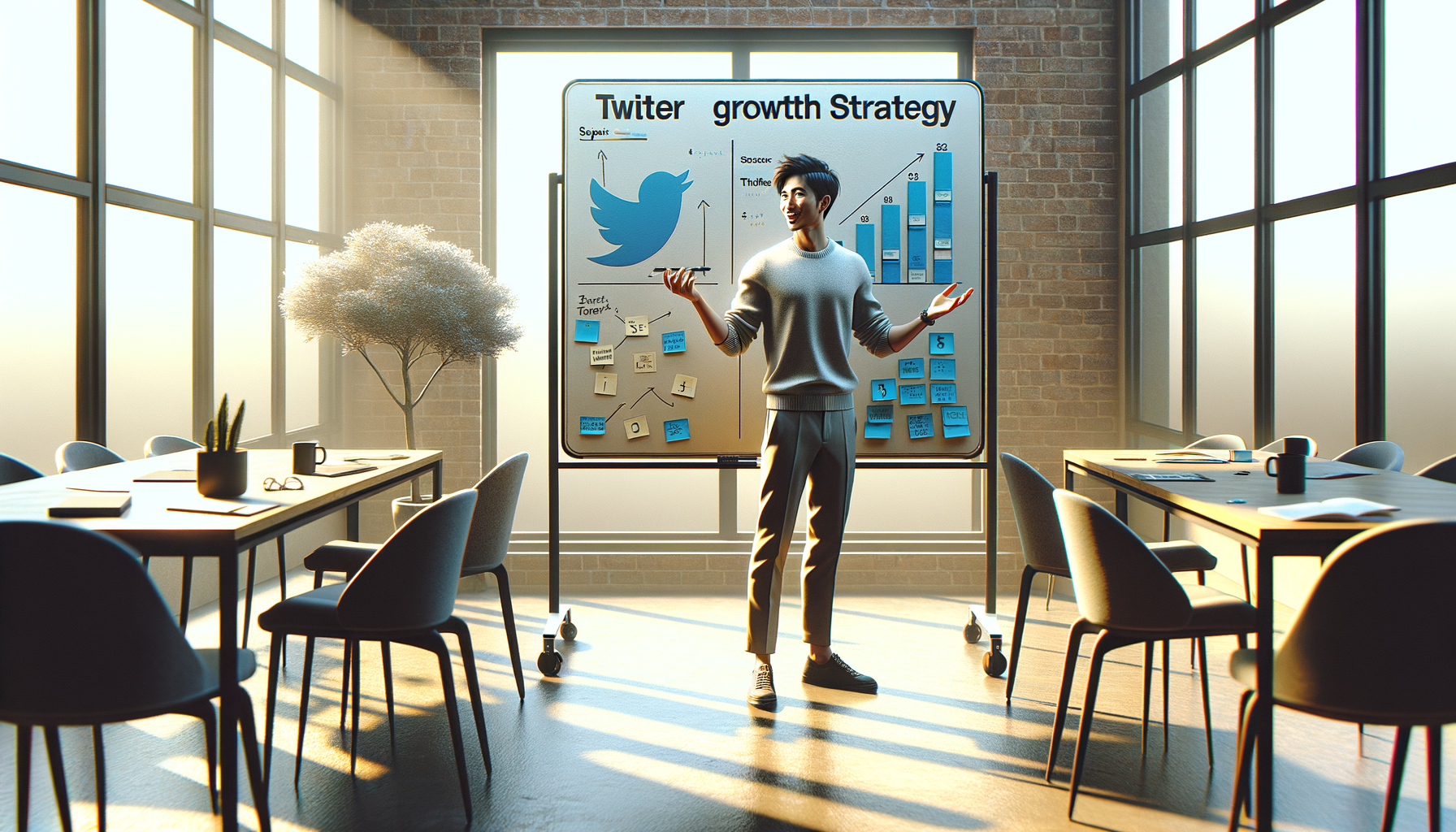 화이트보드 앞에서 콘텐츠 전략을 설명하는 20대 남성 크리에이터, 포스트잇과 차트가 보이는 장면