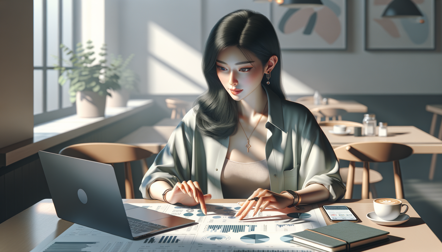 카페 테이블에 노트북으로 유튜브 채널 데이터를 확인하는 크리에이터