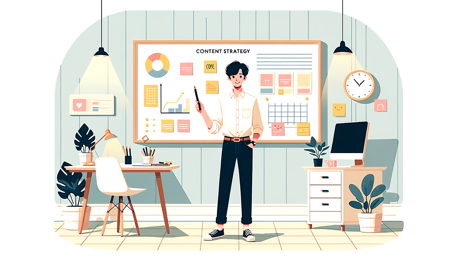 화이트보드 앞에서 콘텐츠 전략을 설명하는 20대 남성 크리에이터