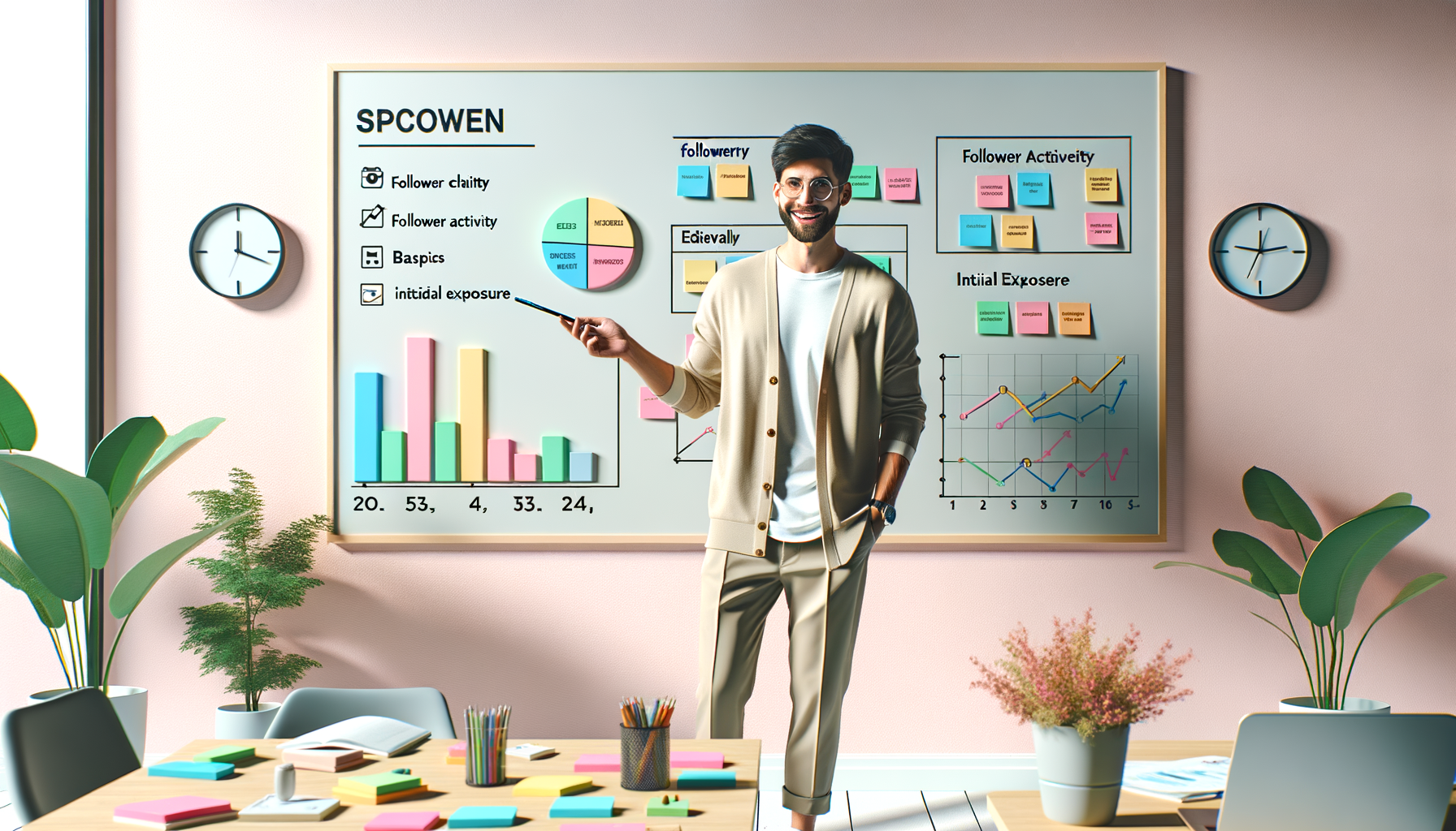 화이트보드 앞에서 팔로워 활동을 설명하는 콘텐츠 매니저 일러스트