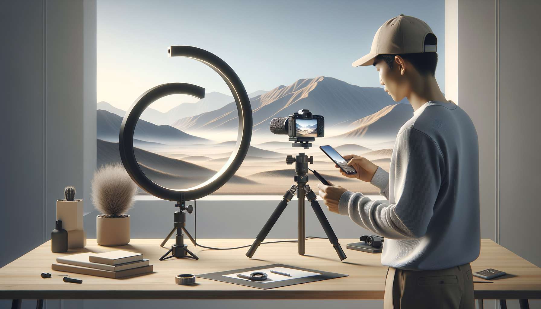 스마트폰과 링라이트 앞에서 촬영 준비하는 크리에이터