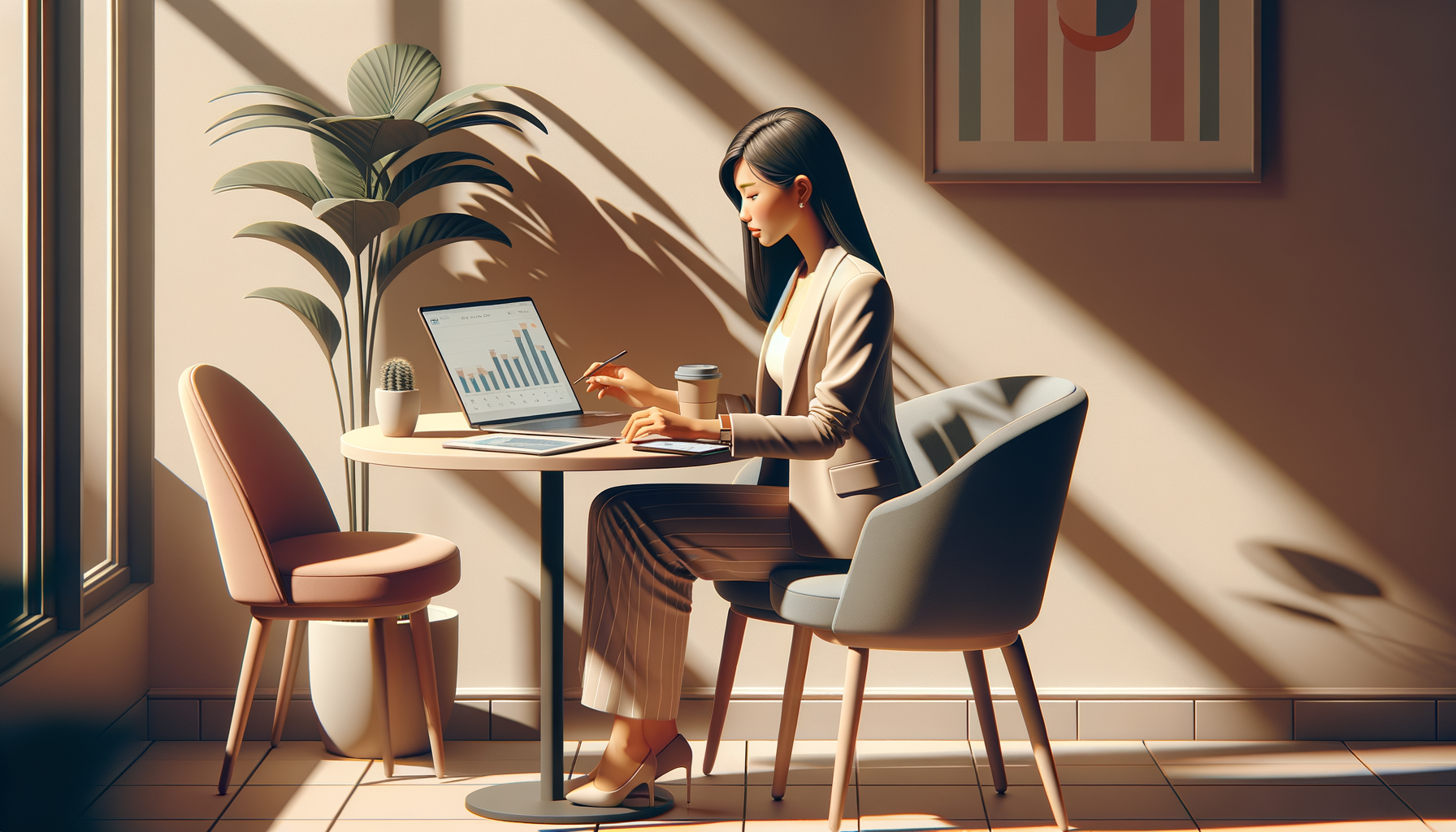 카페에서 노트북으로 인스타그램 광고 리포트를 검토하는 마케터 일러스트