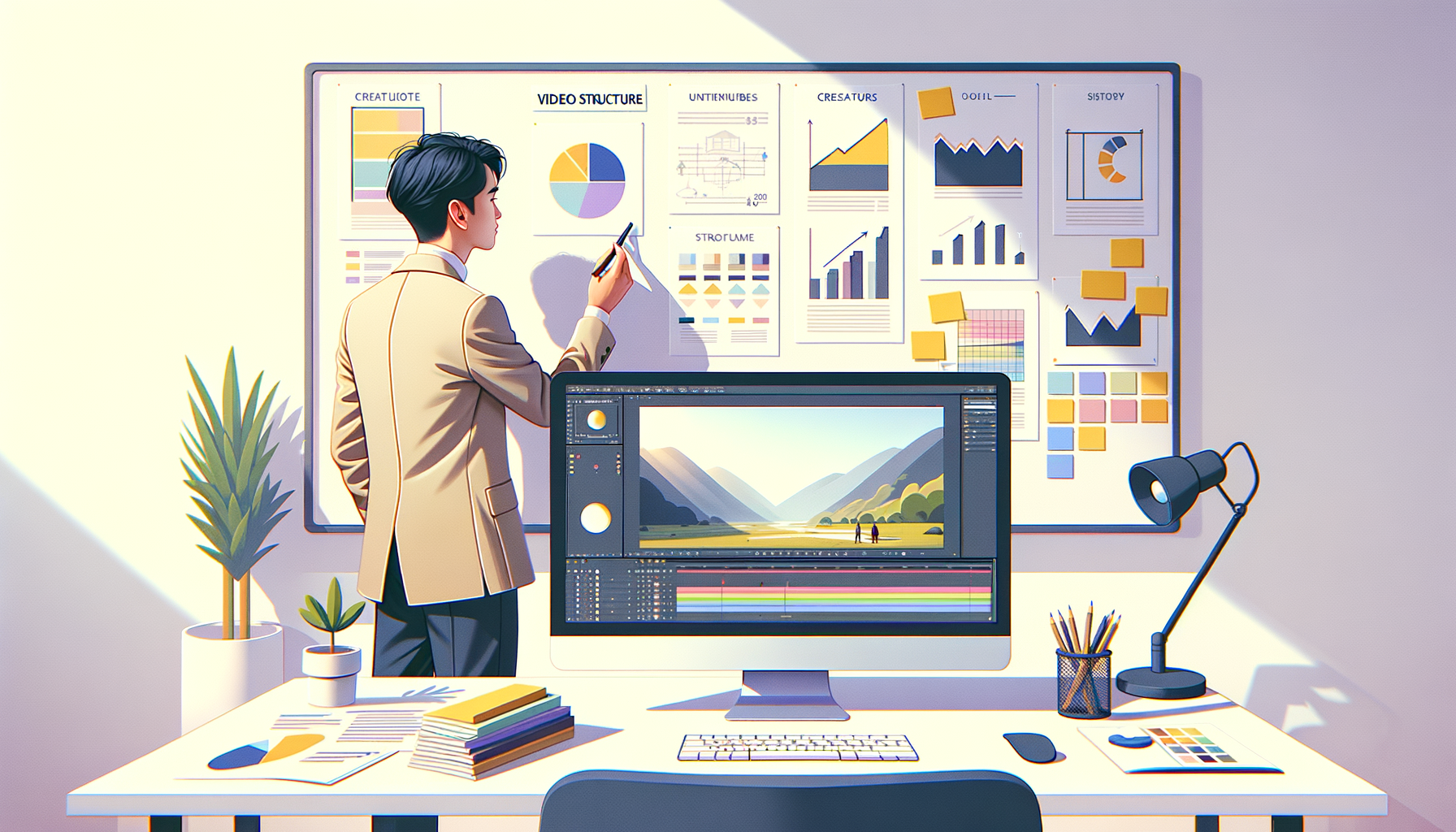 화이트보드 앞에서 영상 구조를 설명하는 20대 남성 크리에이터