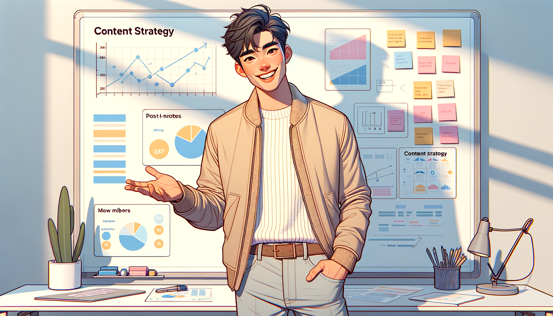화이트보드 앞에서 콘텐츠 전략을 설명하는 크리에이터의 장면: 포스트잇과 차트 배경
