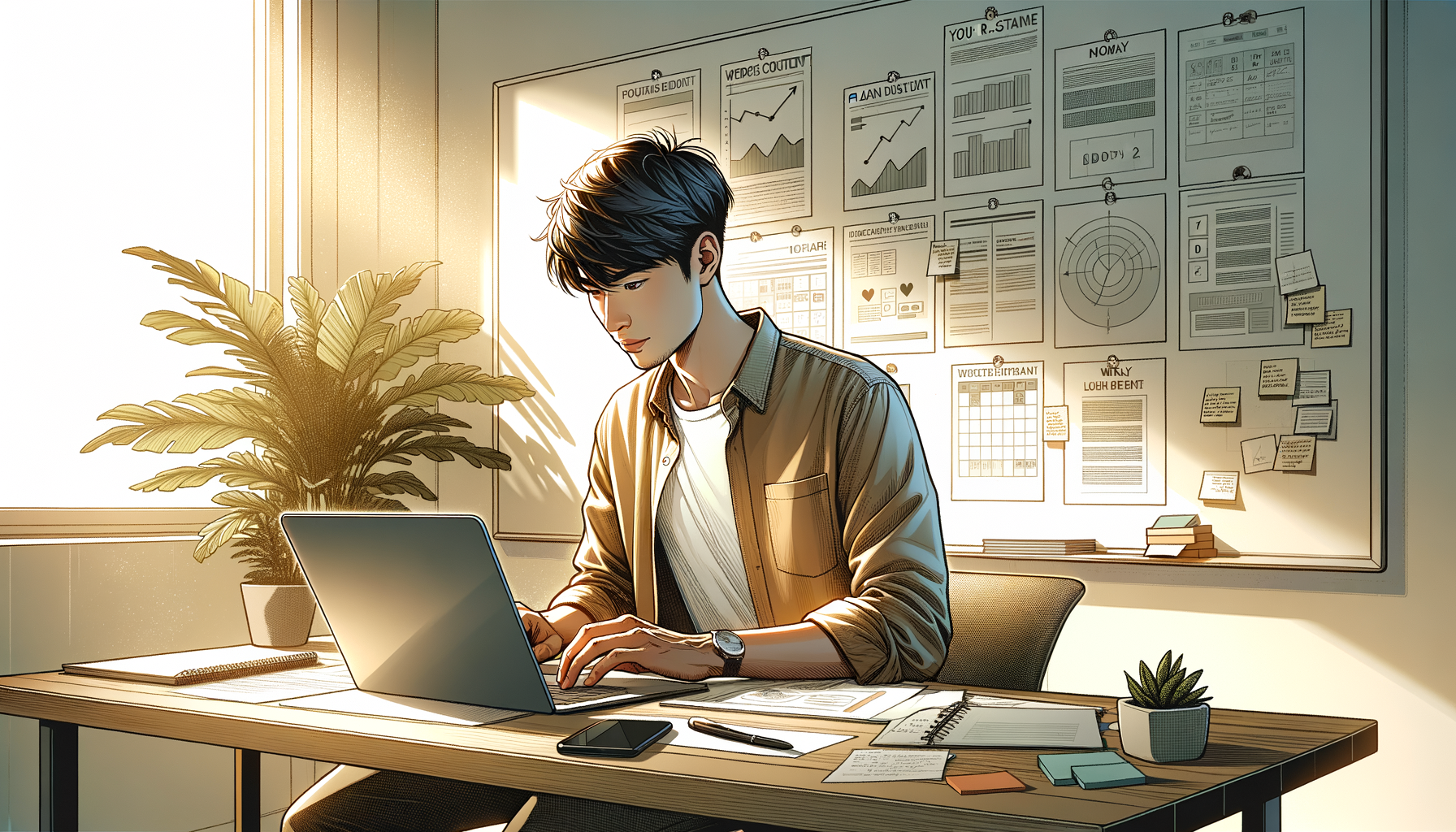 화이트보드 앞에서 주간 콘텐츠 캘린더를 설명하는 크리에이터